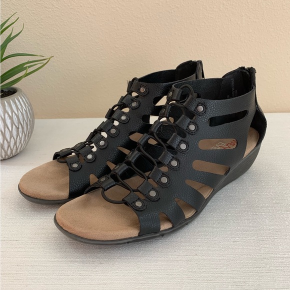 wearever Shoes Wearever Froda Black Faux Leather Caged Wedge